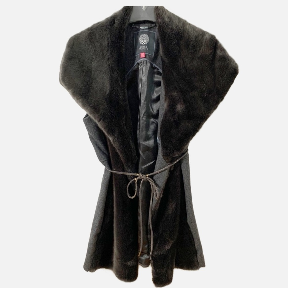Vince Camuto Size Medium Faux Fur Wool Blend Vest Coat Wide Collar Belt Longline